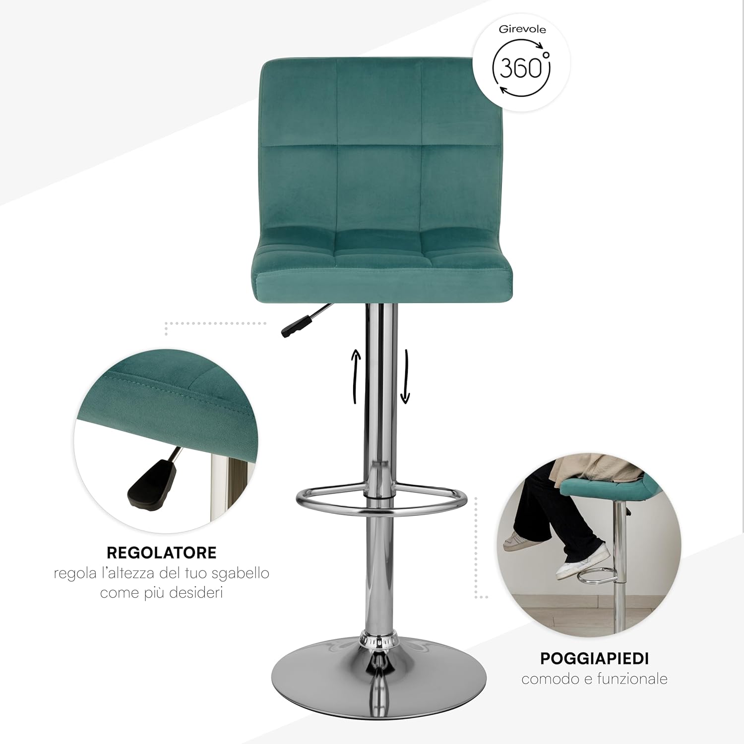 Thumbnail 4 de Baroni Home Tabouret de Bar en Velours — Règlable, Pivotant 360°, Dossier Ergonomique et Repose-Pieds