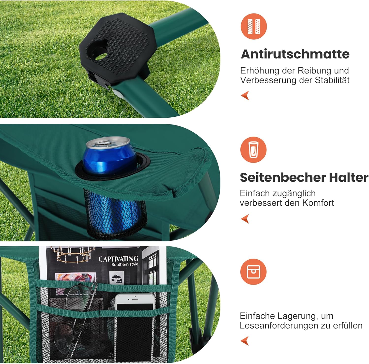 Thumbnail 6 de HIGH POINT SPORTS Sedia da campeggio pieghevole da esterno, set da 2 con braccioli (verde) fino a 102 kg