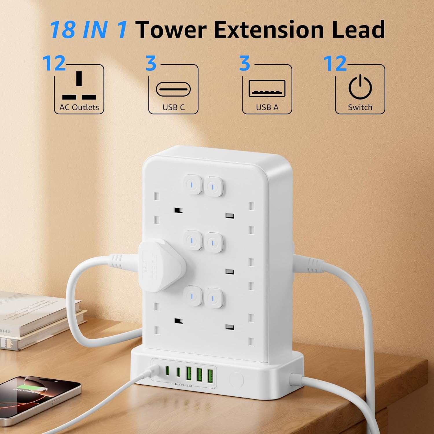 Thumbnail 1 de Tower Extension Lead with USB Slots: 12-Way, 2m UK Power Strip