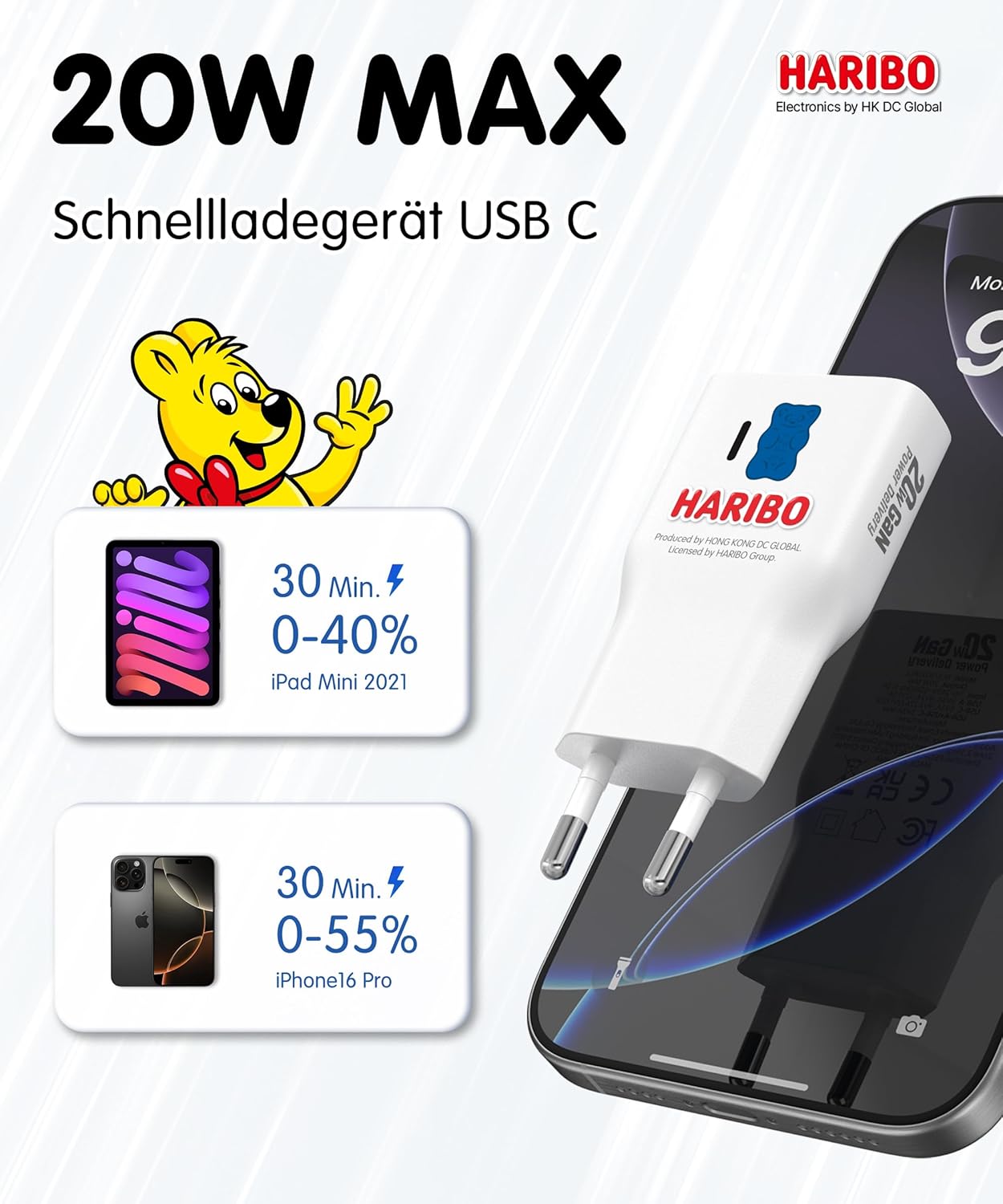 Detalle de Haribo 2-Pack Mini Chargeur USB-C 20W GaN PD3.0/QC – Chargeur mural compact et rapide