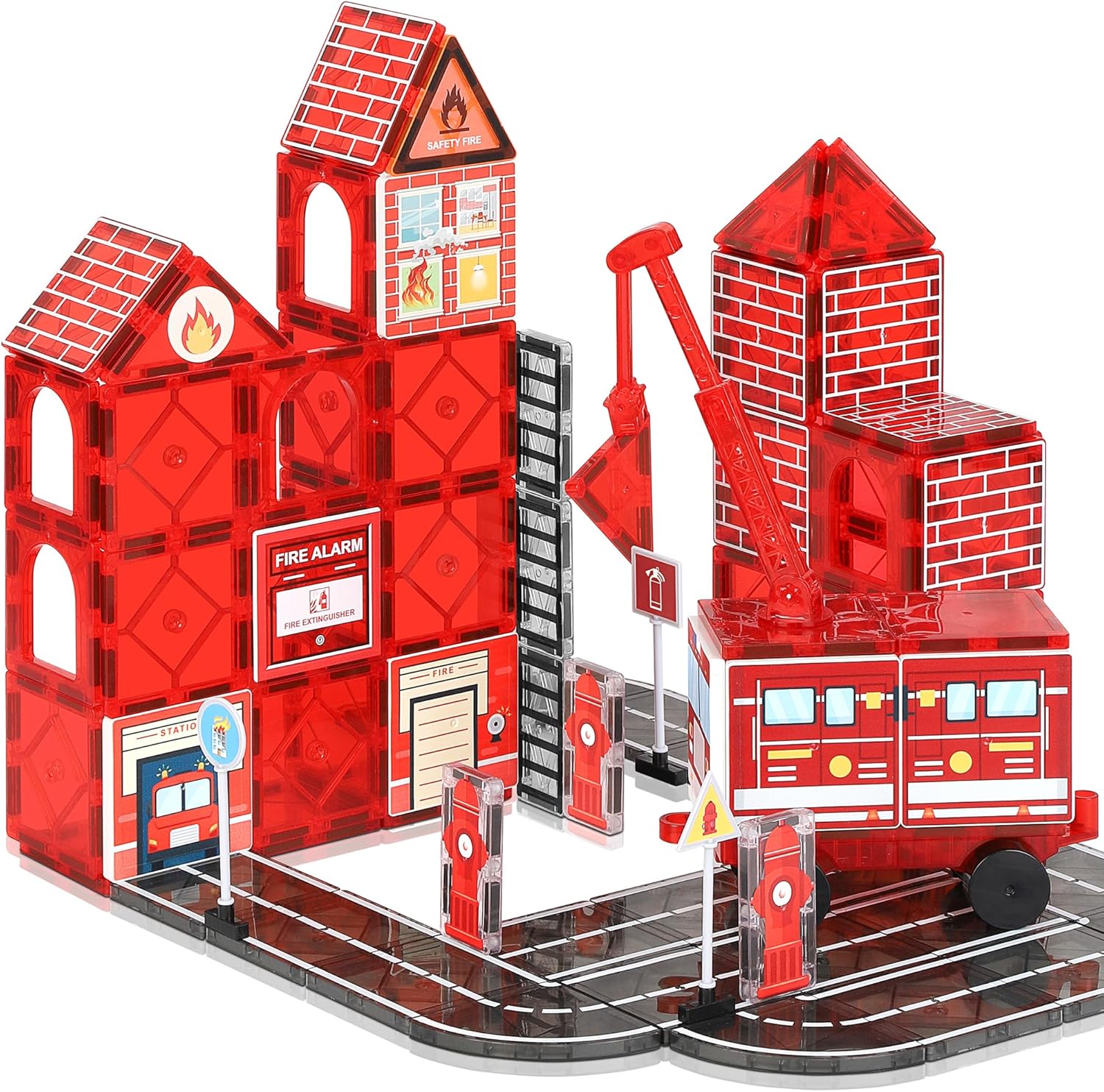 Detalle de Magnetic Tiles Road Set with Fire Truck — Creative STEM Building Toys for 3–12 Year Olds