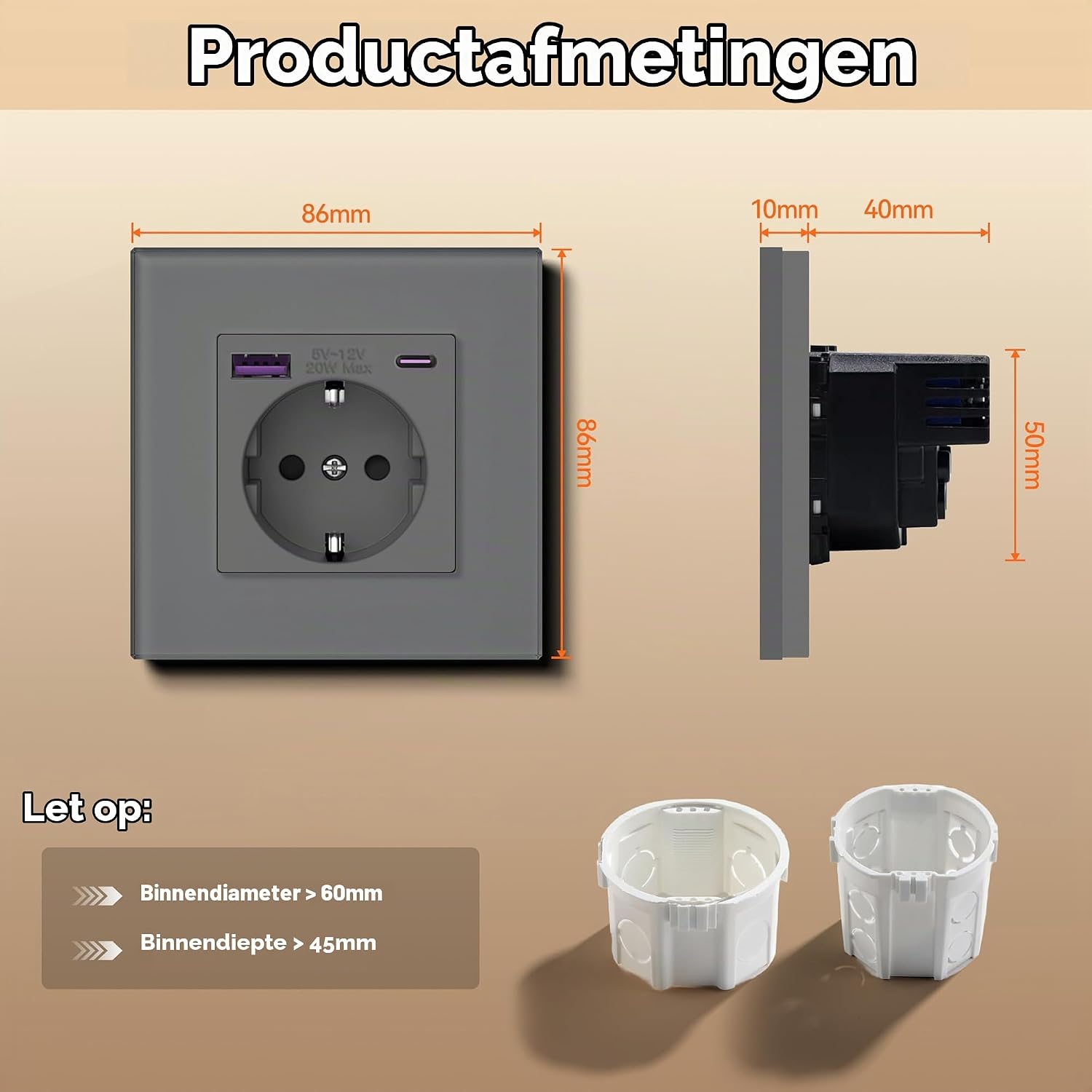 Detalle de BSEED GL86EUSK1PDAC1GY Schuko-inbouwstopcontact met 20 W USB-C, grijs