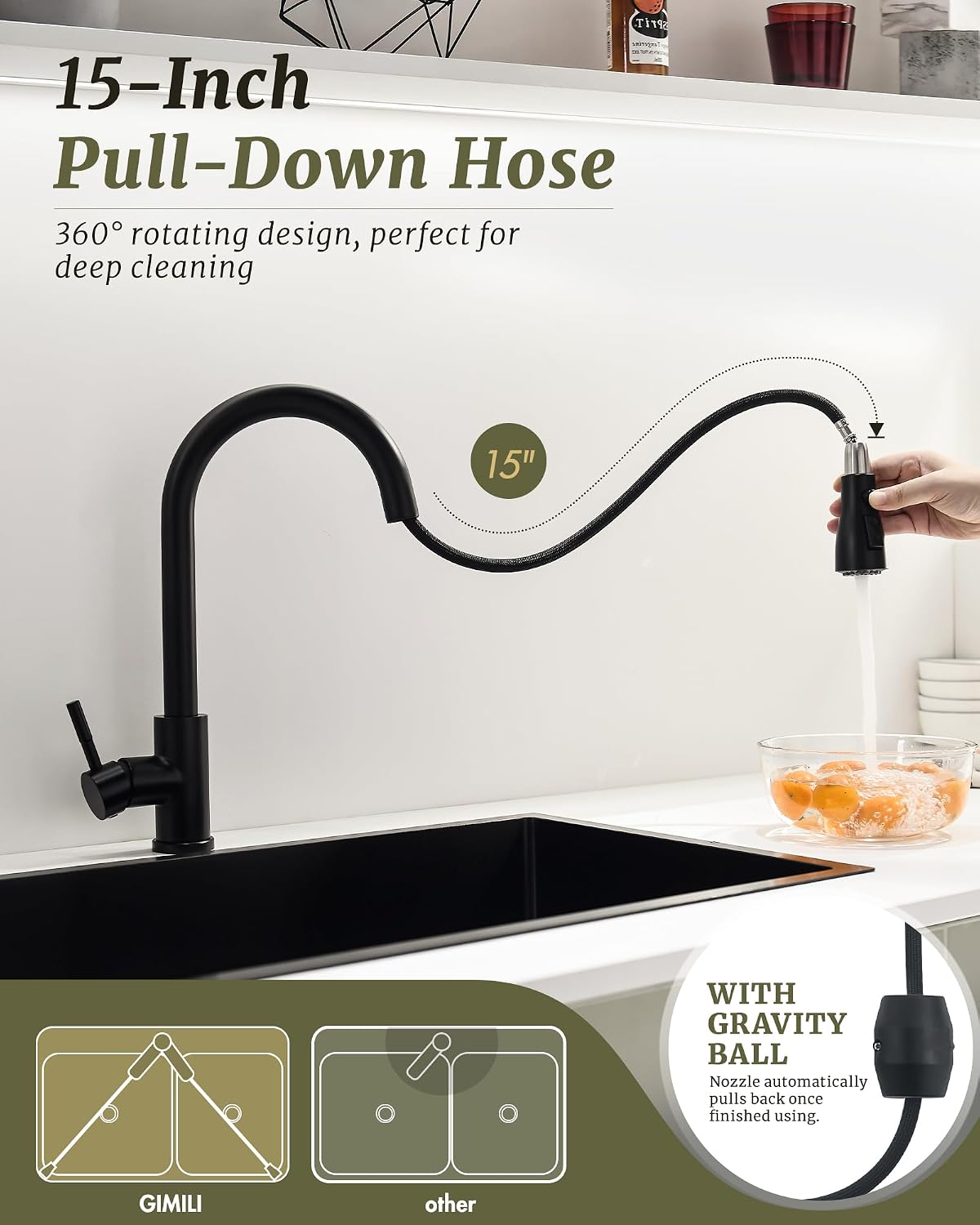Thumbnail 4 de GIMILI Matte Black Pull-Down Kitchen Faucet with 360° Swivel and Three Spray Modes