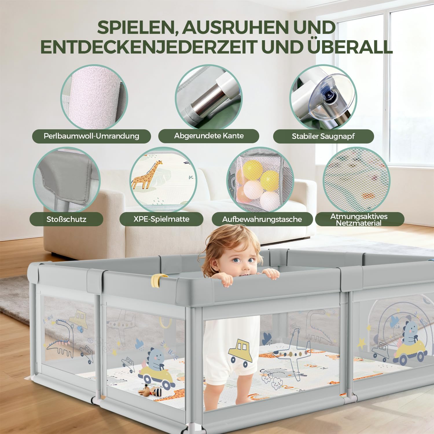 Thumbnail 3 de SOFTHOM Box Bambini 180x200 con tappeto, rete 360° e 60 palline – recinto per bimbi con laterali a zip