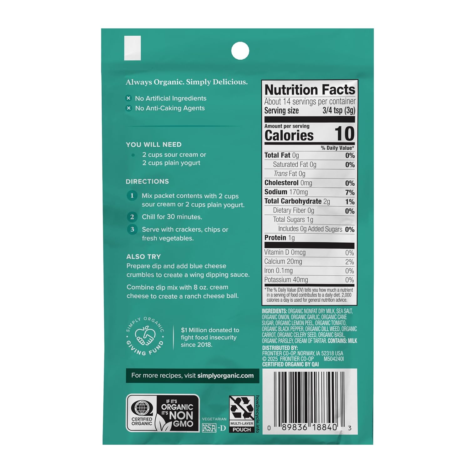 Detalle 2 de Simply Organic Ranch Dip Mix 1.5-ounce
