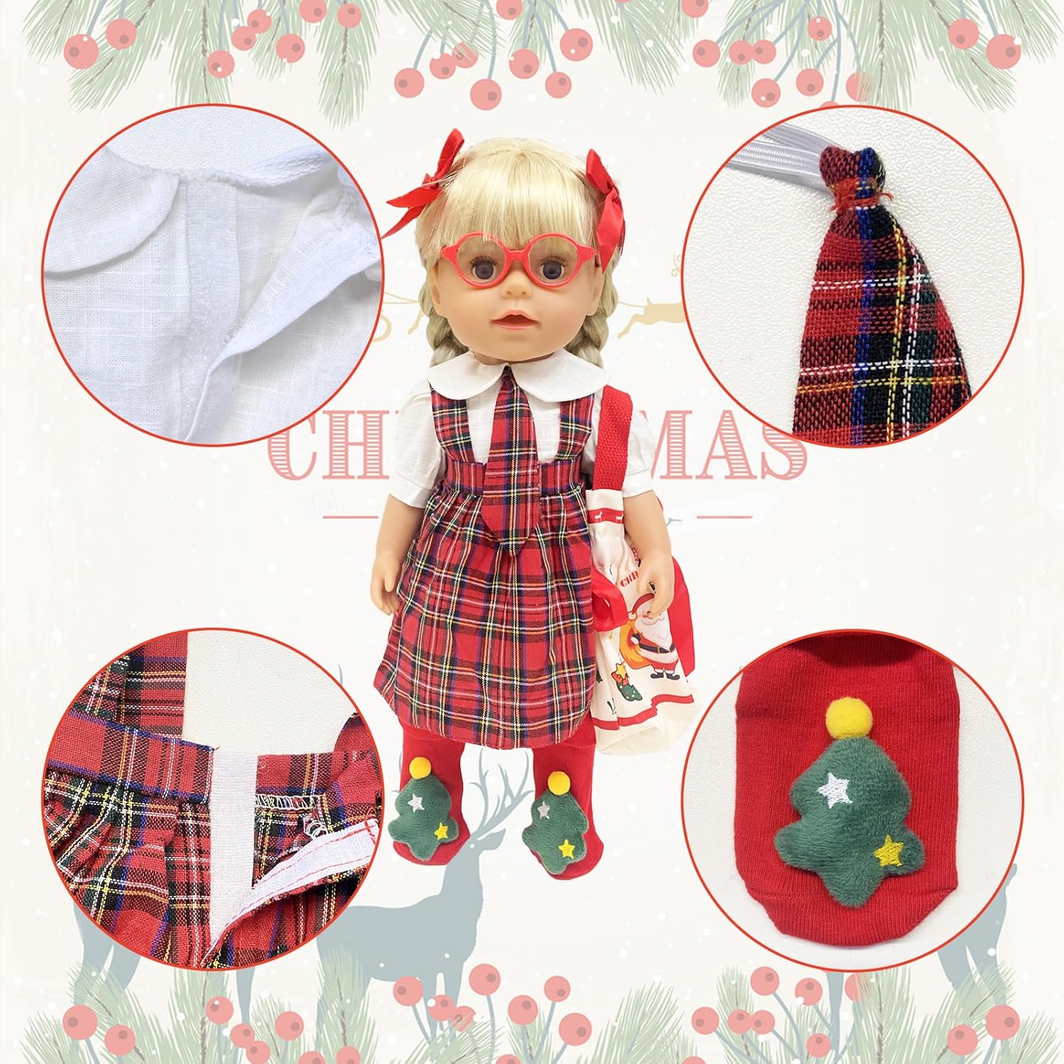 Detalle de Baby doll clothes set for 14–18 inch dolls (35–45cm) – 9-piece winter holiday outfits with red plaid dress, hair clips, glasses, stocking, and bag