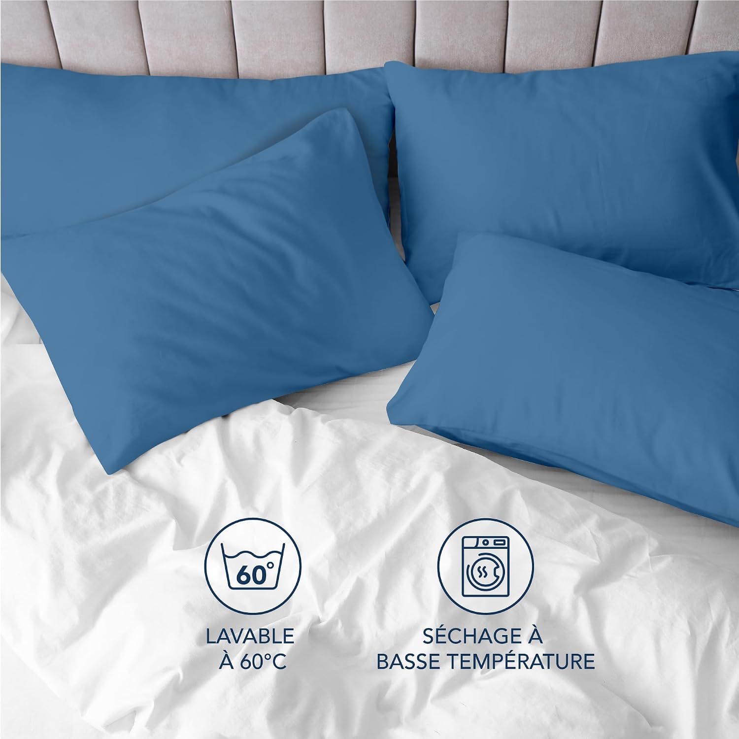 Detalle de Dreamzie Taie Oreiller 80x80 cm – Lot de 4, coton jersey 150 GSM, certifiée OEKO-TEX, Bleu