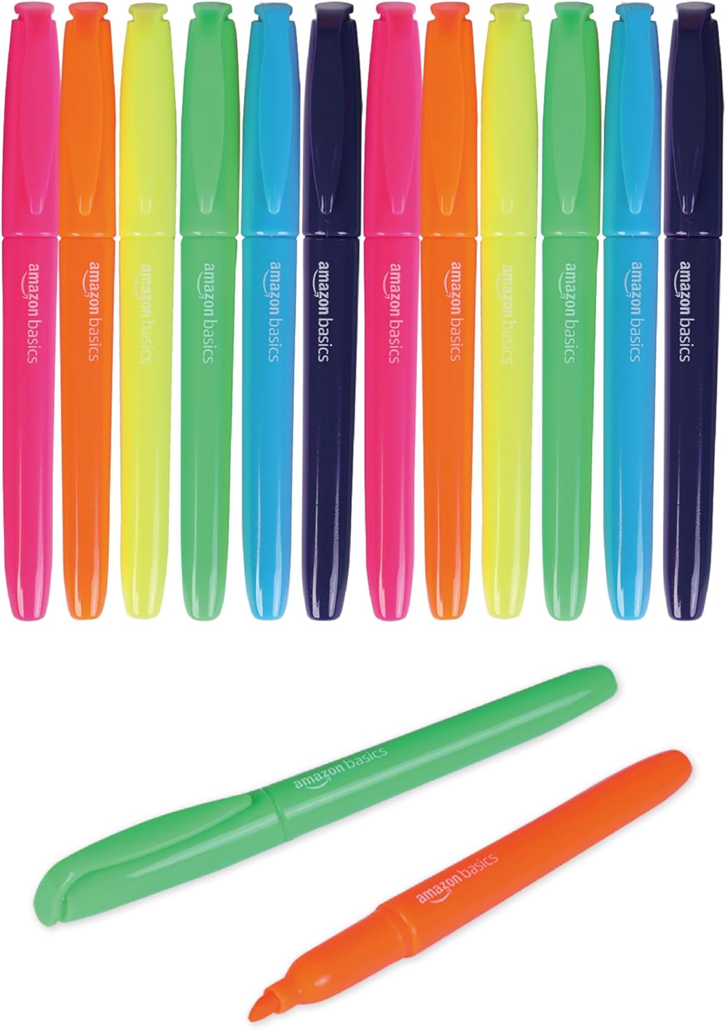 Amazon Basics - Lot de 12 surligneurs fluo à pointe biseautée, 6 couleurs assorties