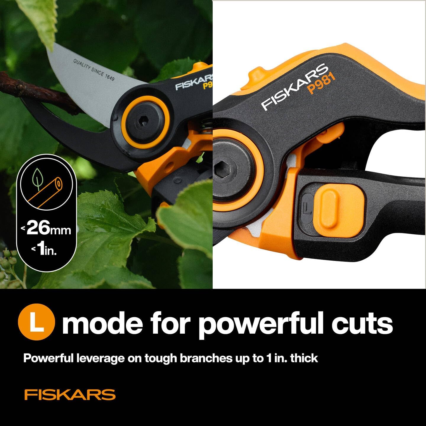 Detalle de Fiskars X-series DualAction P981 trädgårdssax med sidoskär och 2-i-1-läge