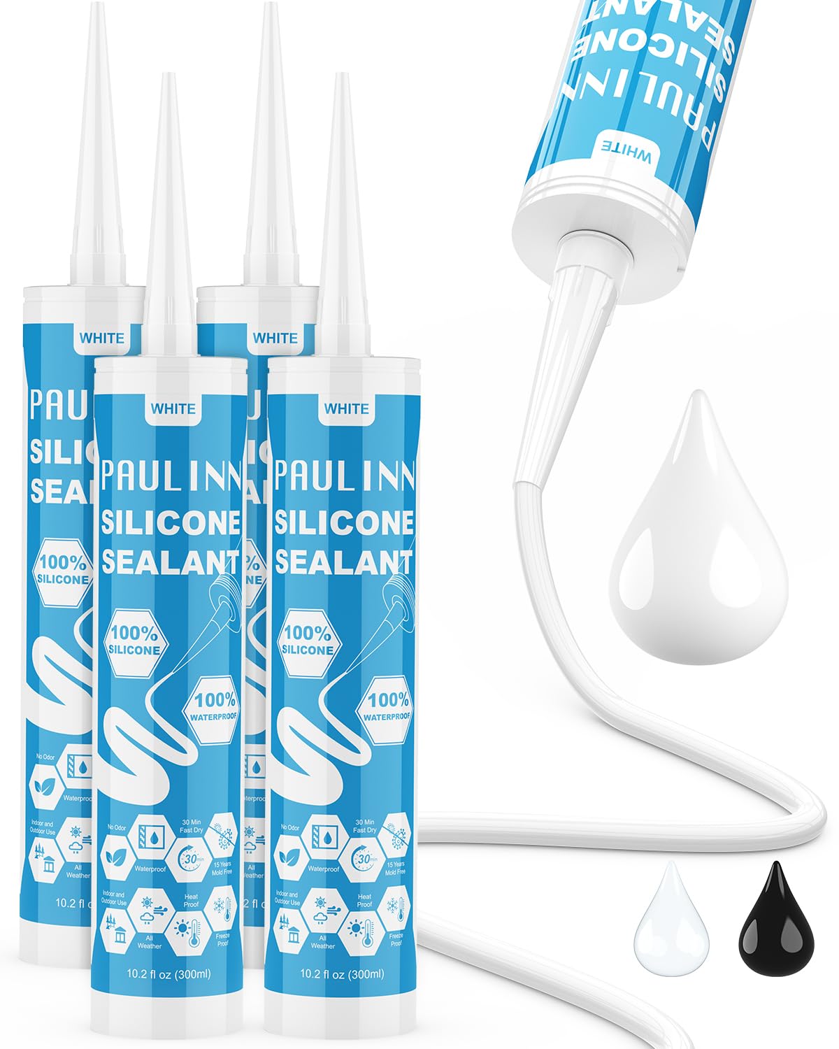 Detalle de PAULINN White Silicone Caulk, 10.2 oz, 4-Pack, Waterproof Sealant