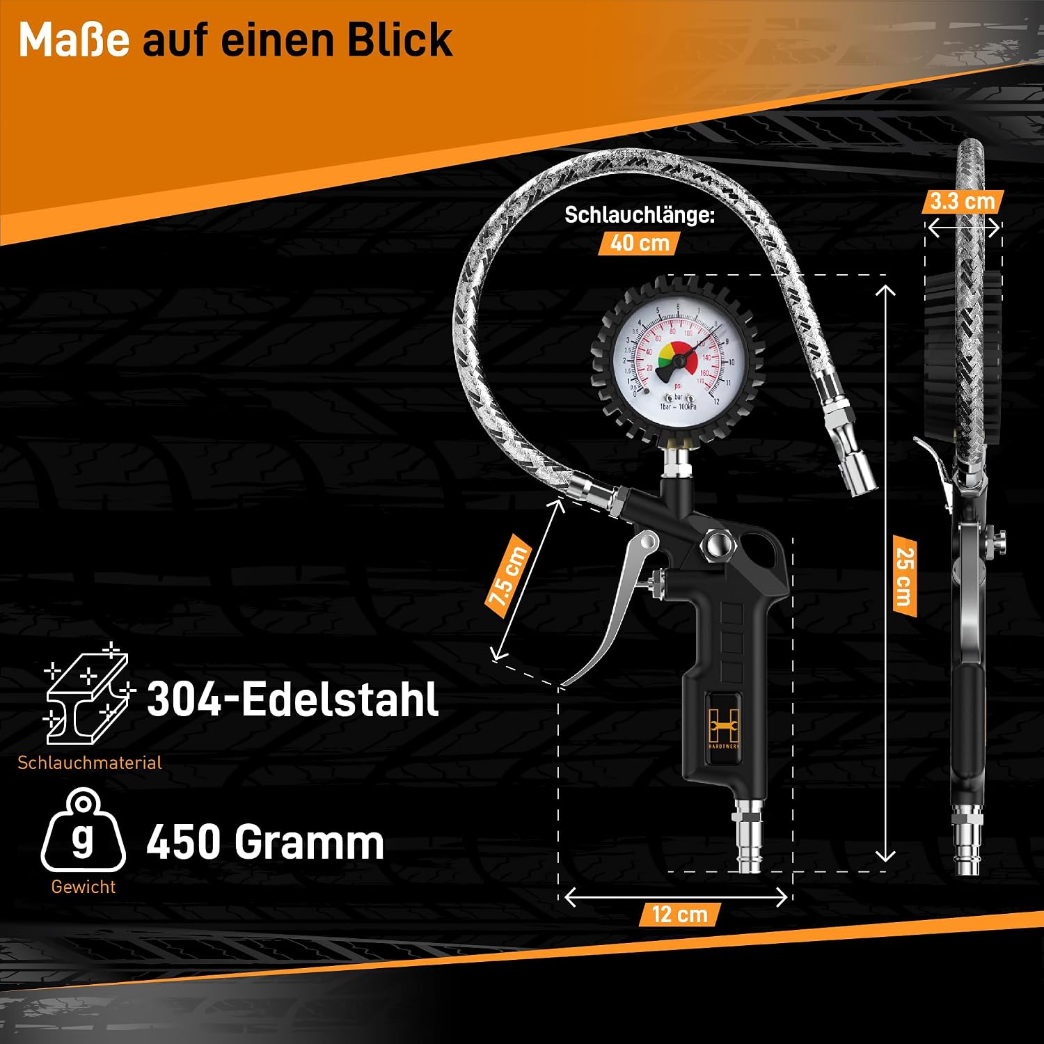 Detalle de Hardtwerk® Reifenfüller Reifendruckprüfer – Reifendruckmesser mit Manometer (0–12 bar) und 304-Edelstahl-Schlauch