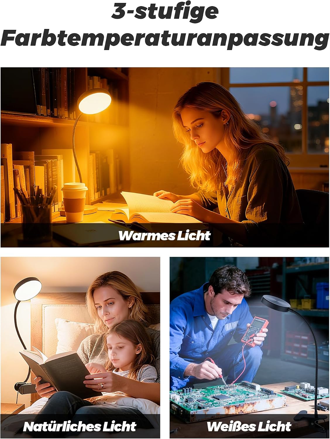 Detalle 2 de Lampe de Bureau à Pince ReinHoo 72 LED RGB – 10 teintes + 10 niveaux, USB