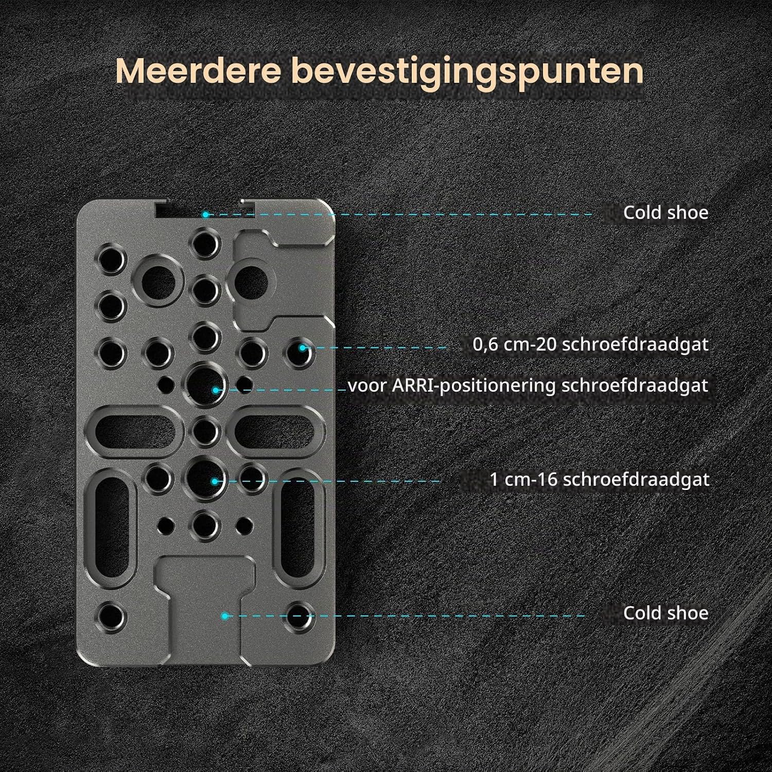 Detalle de SMALLRIG 4887 multifunctionele montageplaat van aluminium met 1/4"- en 3/8"-gaten