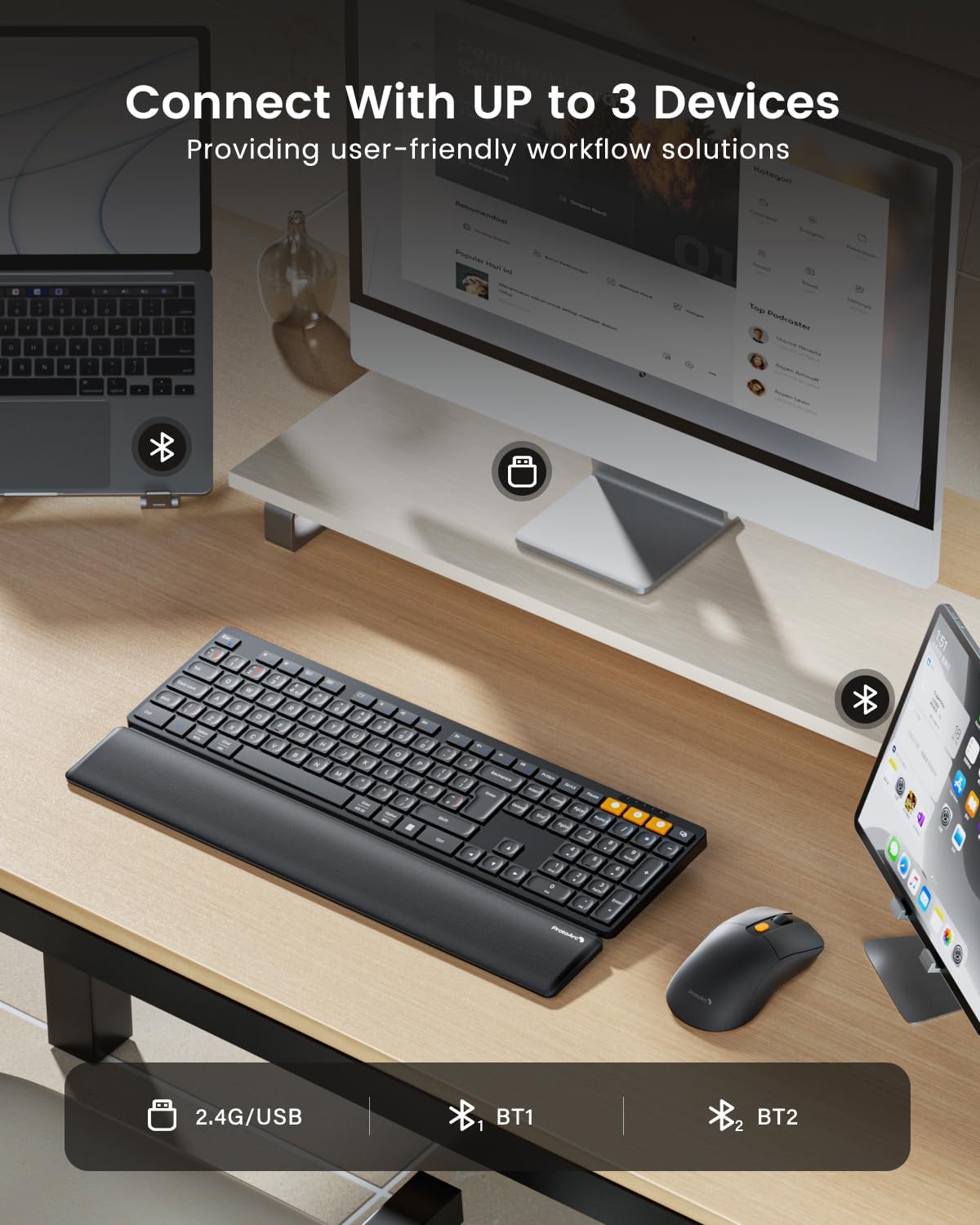 Thumbnail 2 de ProtoArc KM60 Bluetooth Wireless Keyboard and Mouse (QWERTY UK) with wrist rest, rechargeable, dual 2.4GHz + Bluetooth, black