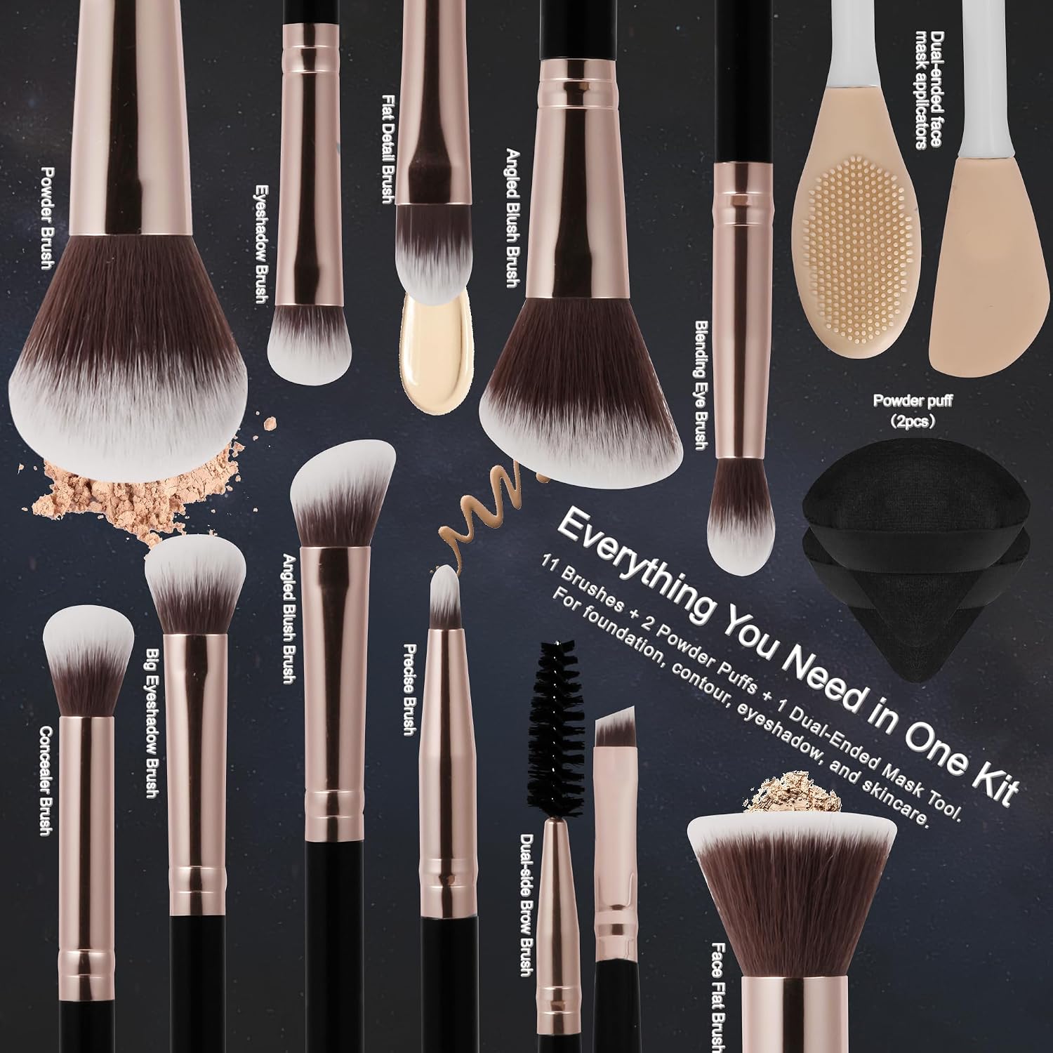 Thumbnail 2 de HEDIVIA Black 14-Piece Makeup Brushes Set (Synthetic Foundation, Concealer, Powder, Blush, Eyeshadow) + Powder Puffs & Dual-Ended Mask Applicator