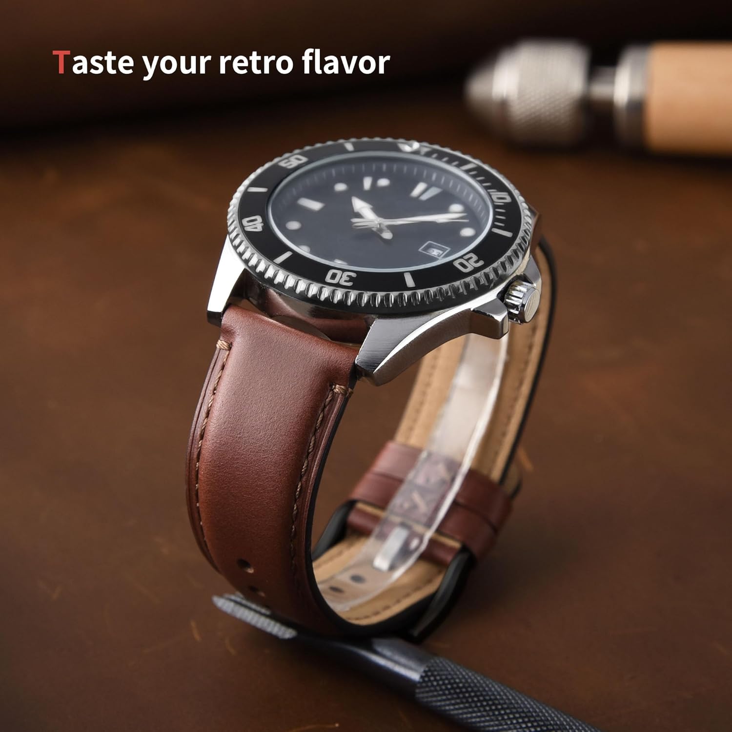 Detalle de Fullmosa Leder-Uhrenarmband Vintage–Ersatzarmband, 24 mm – hochwertiges Leder mit Schnellverschluss