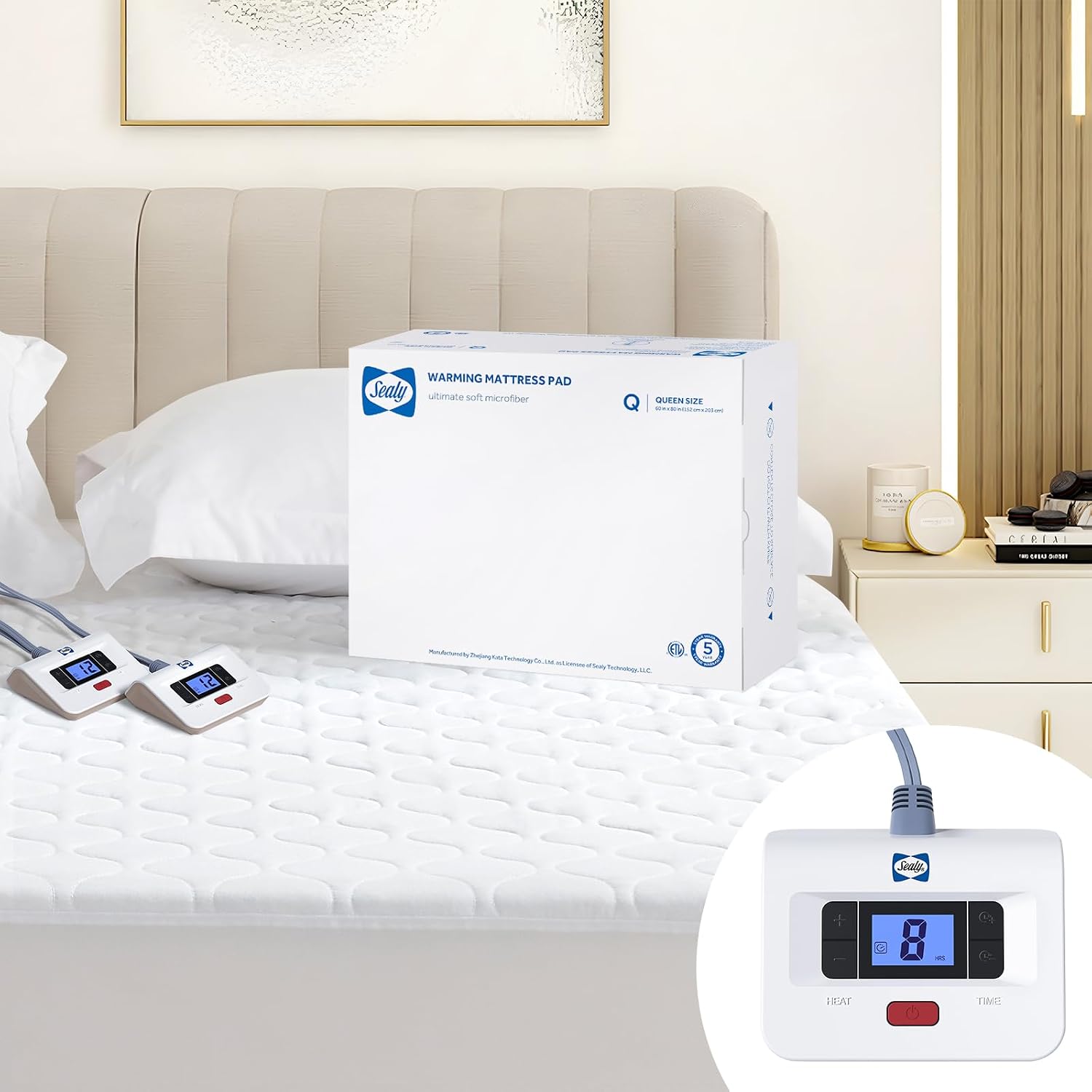 Detalle de Sealy Queen Heated Mattress Pad, Quilted Polyester, 10 Heat Settings, Auto-Off