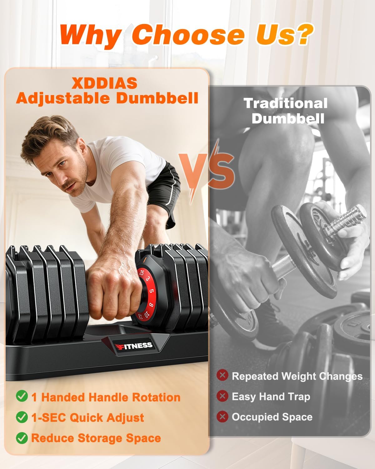 Detalle de XDDIAS Adjustable Dumbbell Set of 2, 3–25 lb Each, 10 Weight Levels