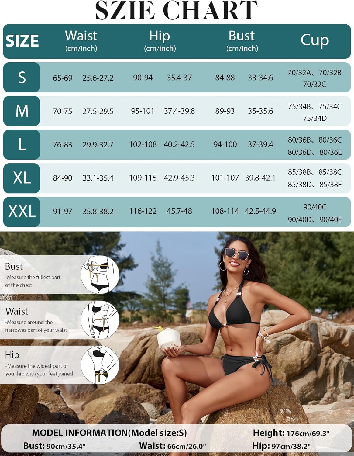 Thumbnail 5 de CMTOP women’s halterneck triangle bikini set with adjustable tie side bottoms (UK two-piece)