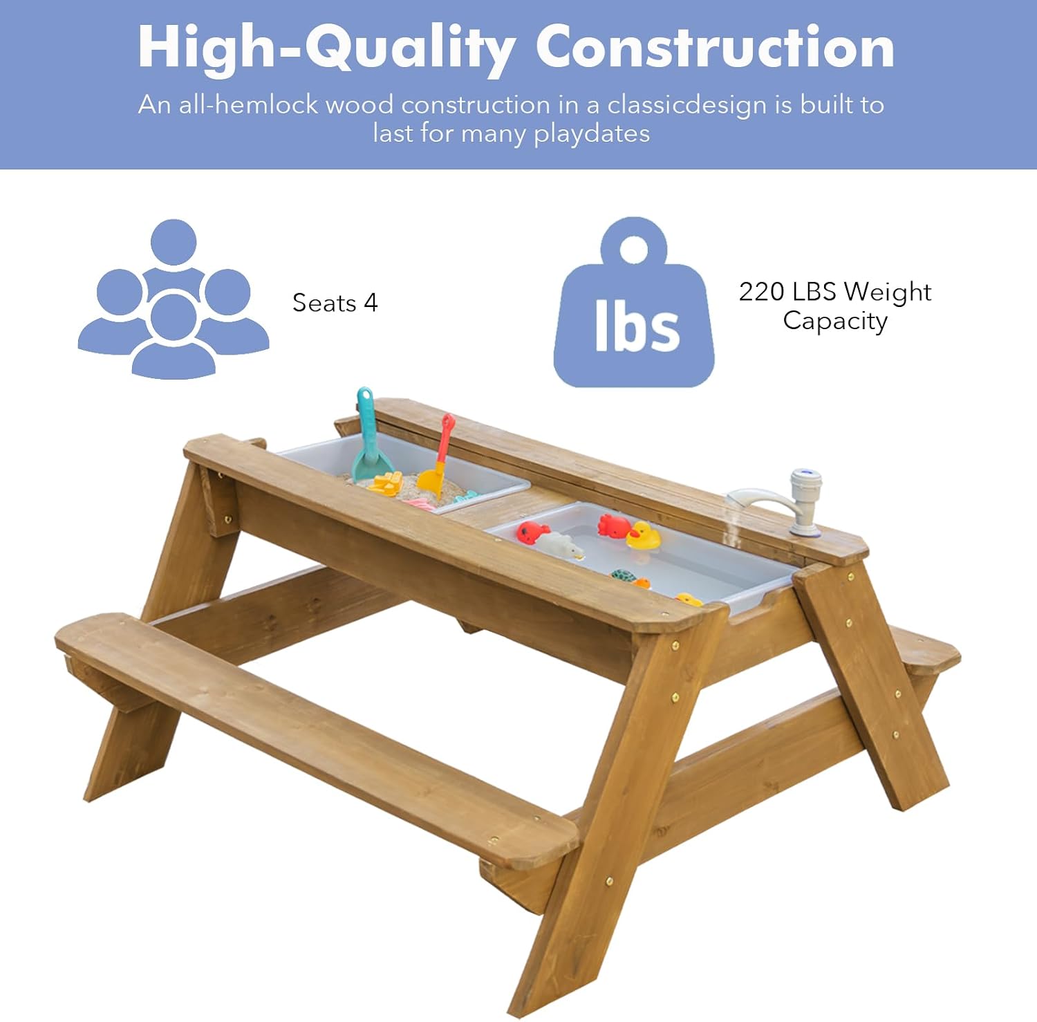 Detalle de K LUCKIDS Kids 3-in-1 Sand & Water Activity Table (Wood Outdoor Convertible Picnic Table)