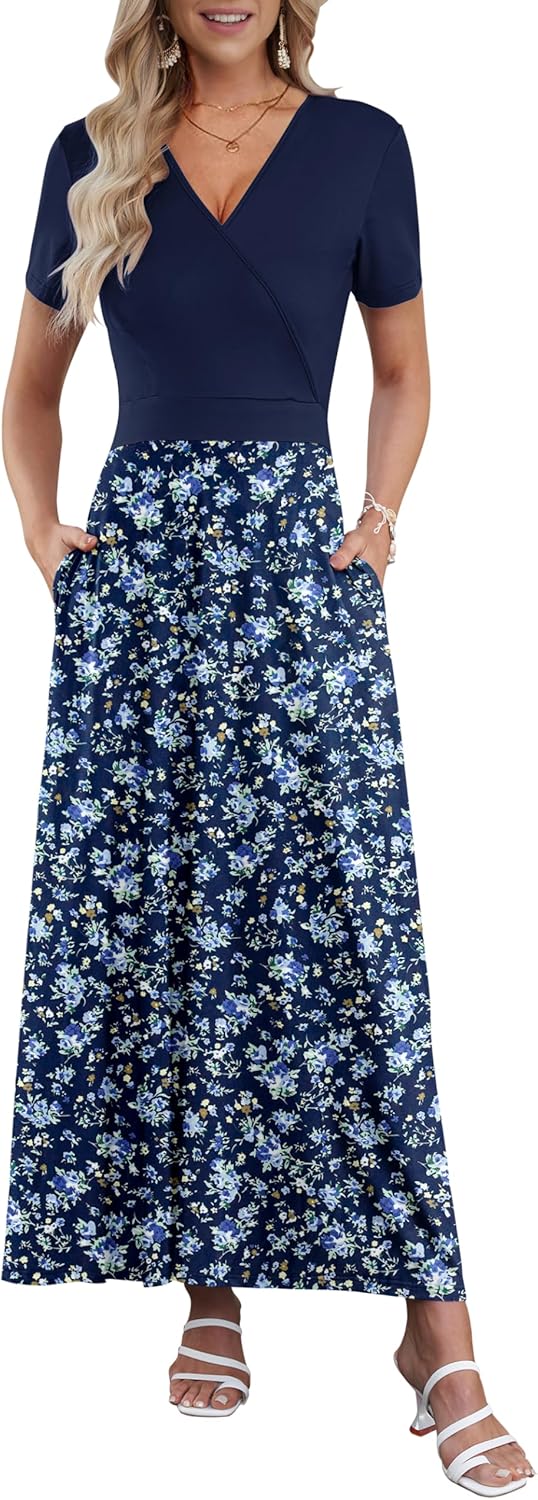 Detalle de Robe Longue Femme AUSELILY – Col en V, manches courtes, taille haute, poches