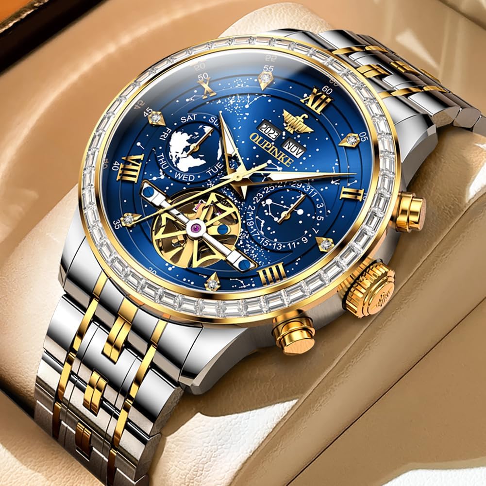 Thumbnail 1 de OLEVS Damenuhr Automatik Mechanisch Skelett „Diamond“ in Silberfarben – skelettierter Look, Edelstahl, wasserdicht bis 50 m