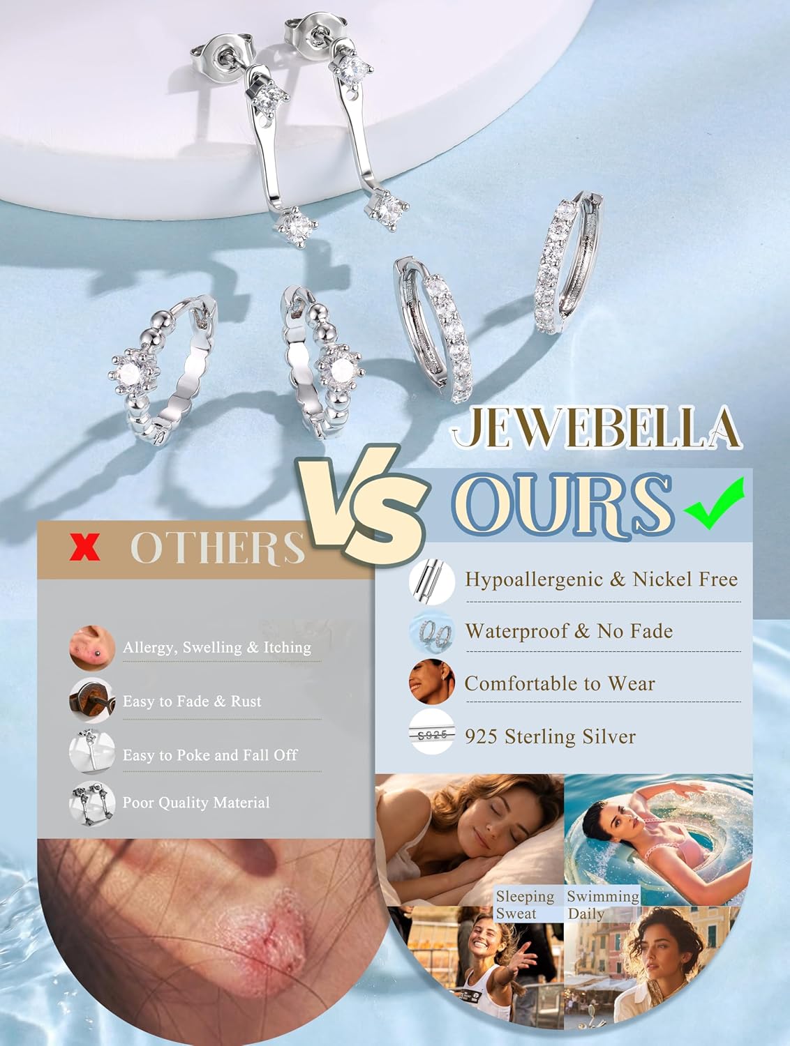 Thumbnail 4 de JeweBella 3 Paar Ohrringe Set aus 925 Silber mit Zirkonia – Ohrringstecker, Creolen & Huggie (stapelbar)