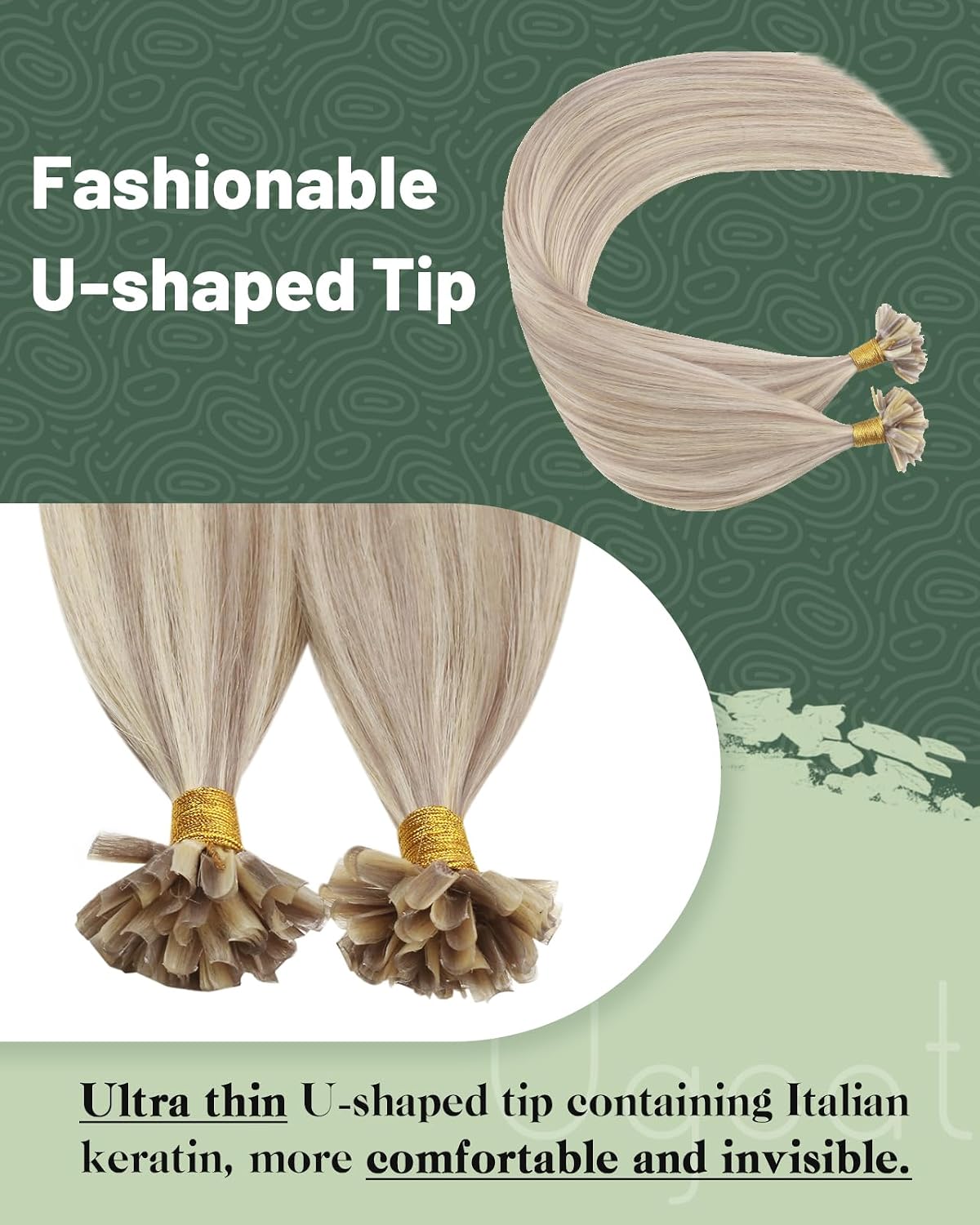 Detalle de Ugeat Bondings Extensions Echthaar 40 cm 18/613 (aschblond mit platinblond Highlight) – unsichtbare Keratin-Bondings, 50 g