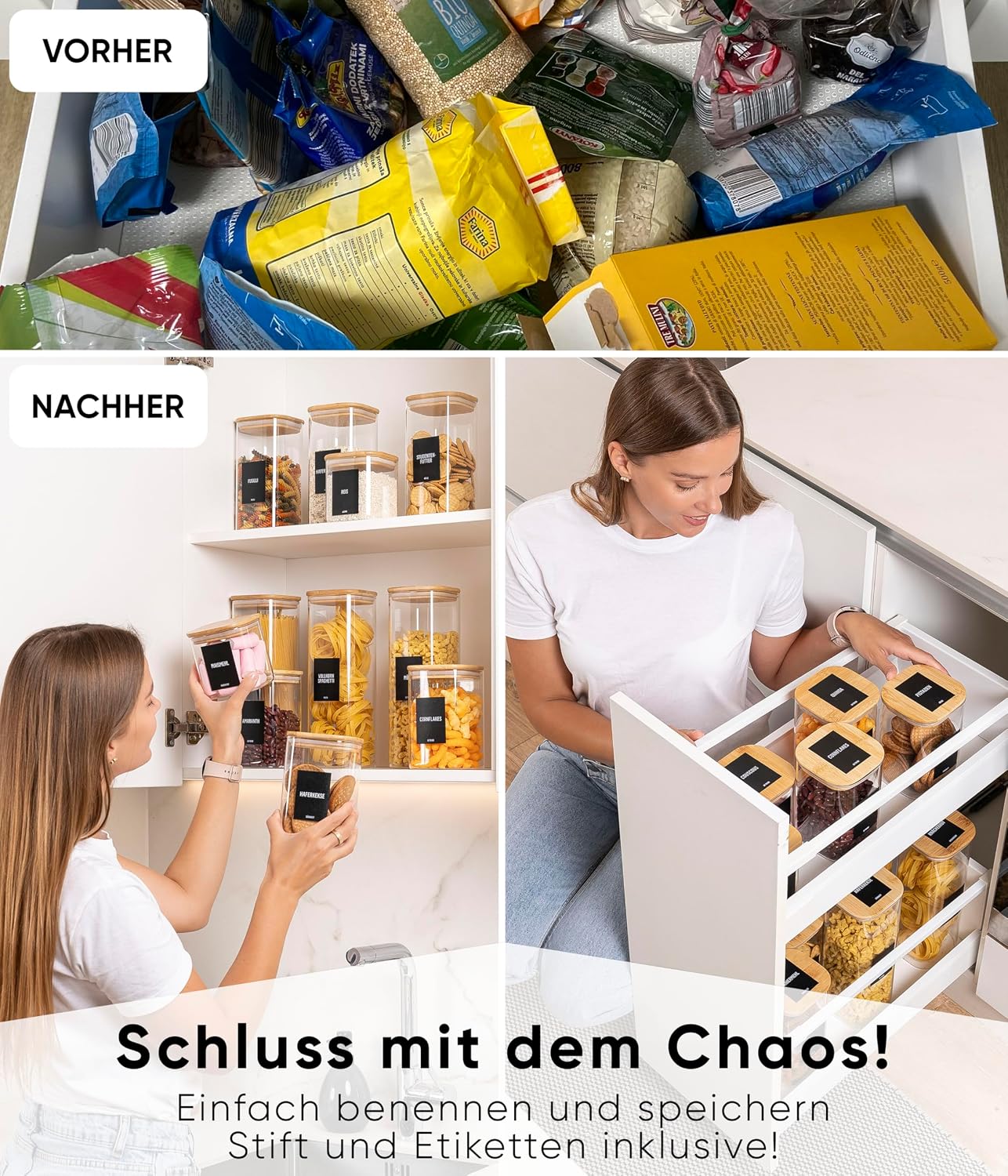 Detalle de Deco haus Vorratsgläser 6er Kombi-Set mit luftdichtem Deckel, Etiketten – Glasbehälter für Mehl, Müsli & Co.
