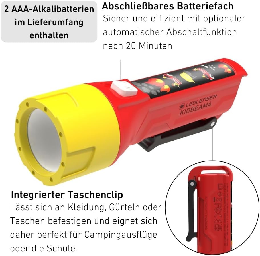 Thumbnail 2 de Ledlenser KidBEAM4 Kinder-Taschenlampe Feuerwehrmann – 4 LED-Farben, Clip, Autoabschaltung