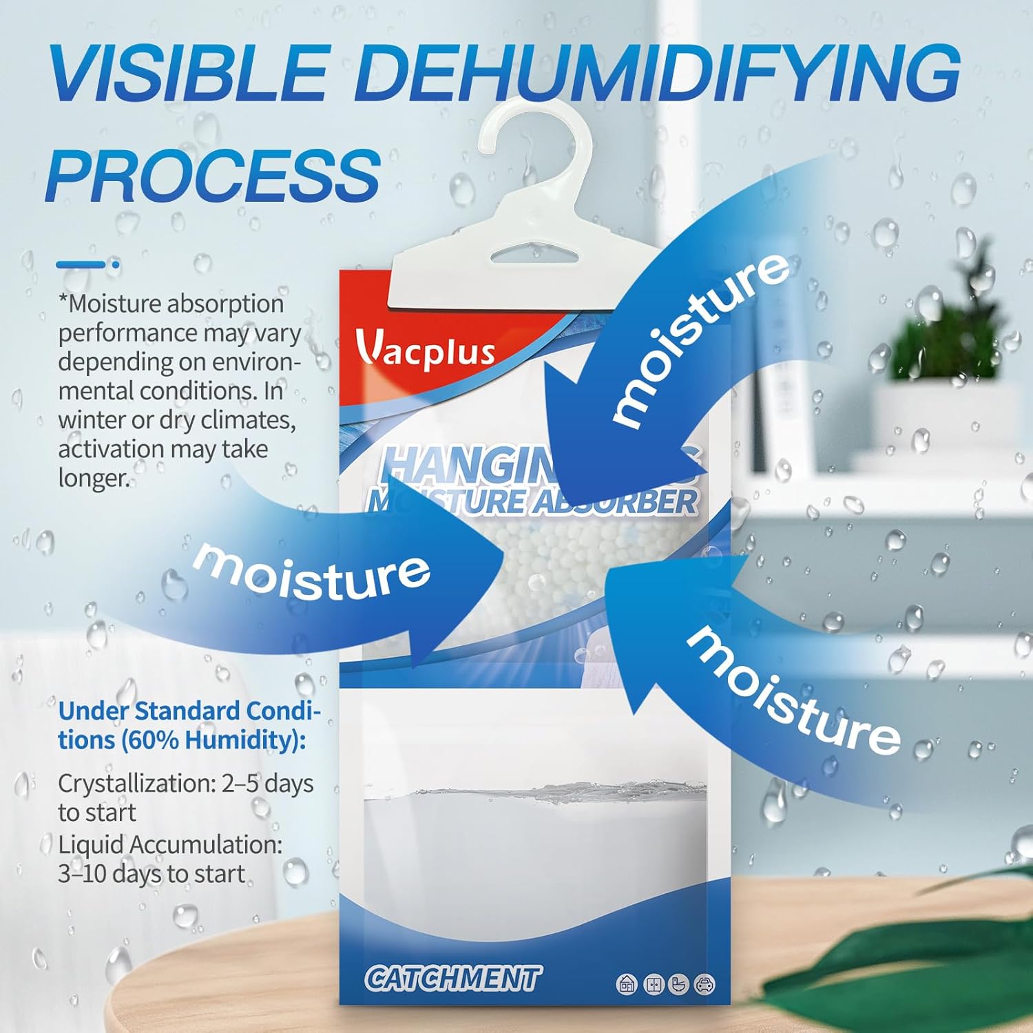 Detalle de Vacplus Moisture Absorbers, Hanging Closet Dehumidifier Bags (10 Pack, 9.8 oz) with Ocean Breeze