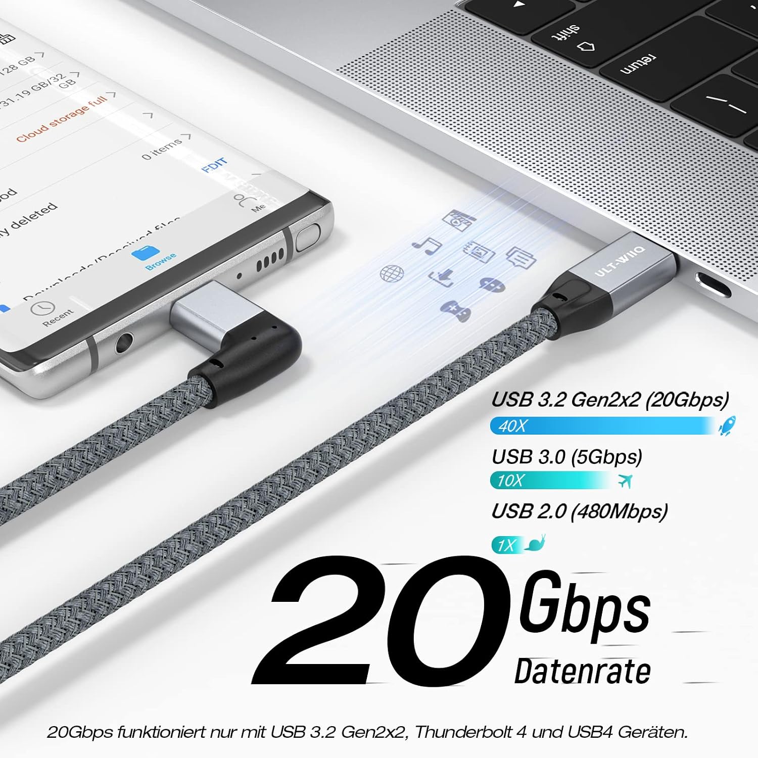 Detalle de 90 Grad USB C Kabel 20 Gbit/s, 240 W PD PPS AVS, 4K@60Hz – 50 cm