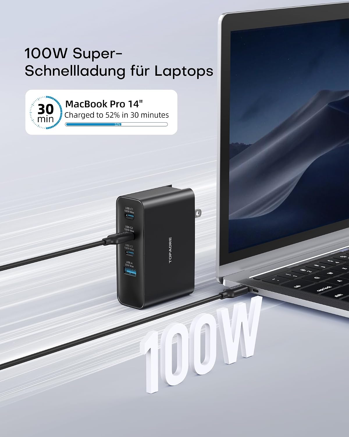 Detalle de 100W USB-C Travel Adapter mit 4 Ports – GaN-Ladegerät für Reisen (UK/EU/AU-Steckdosen)