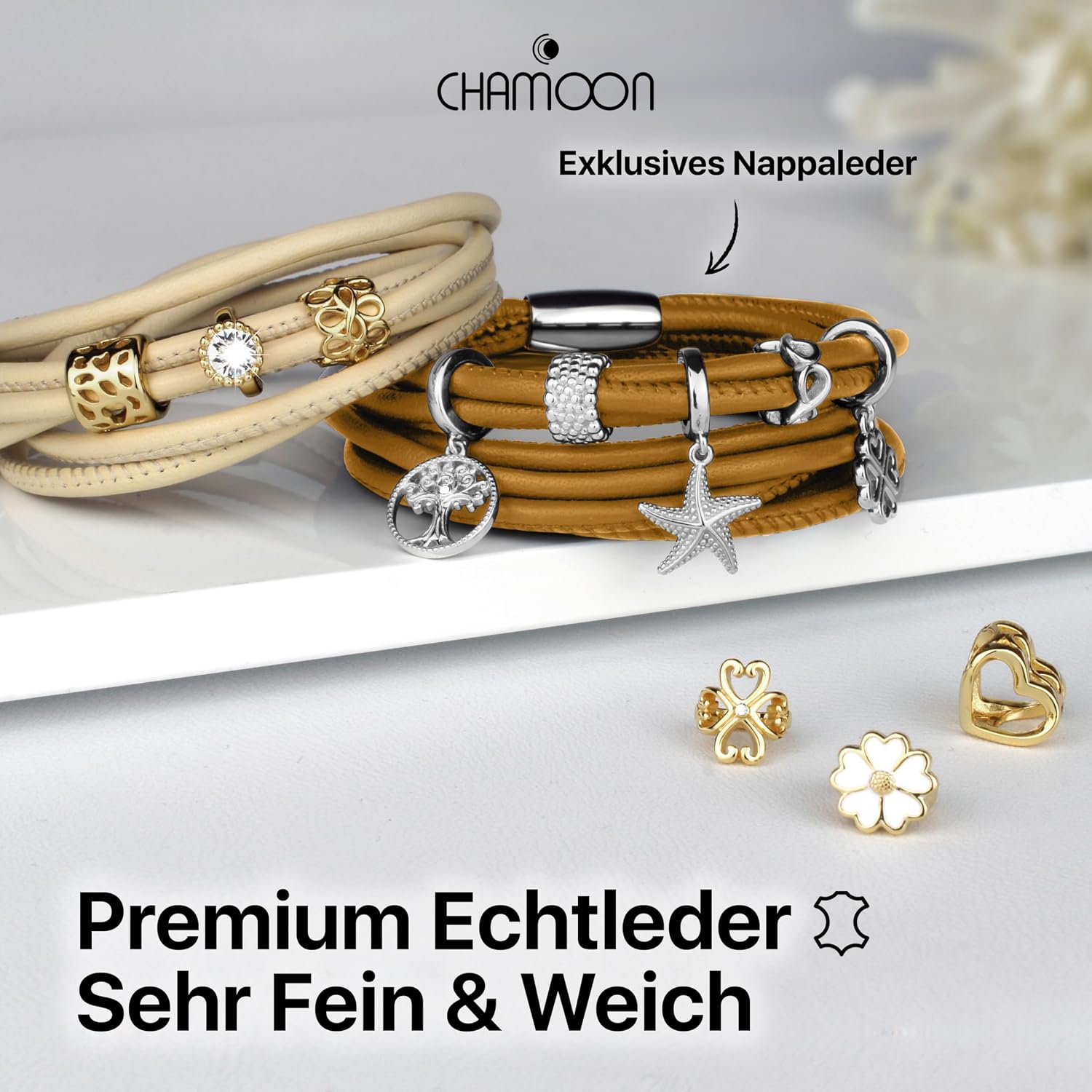 Detalle de CHAMOON® Premium Lederarmband für Damen (Nappaleder) mit Magnetverschluss & über 80 Charms