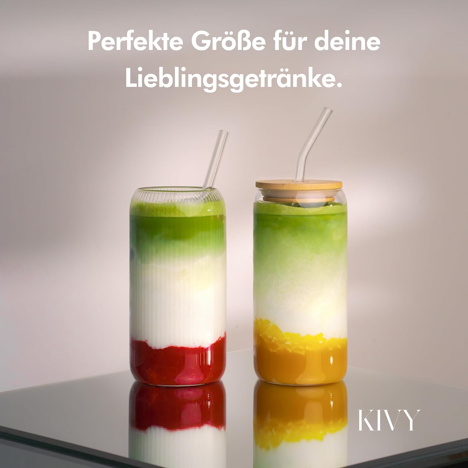 Detalle de KIVY Geriffelte Gläser 4er Set – 450 ml, Strohhalm, Borosilikatglas, spülmaschinenfest