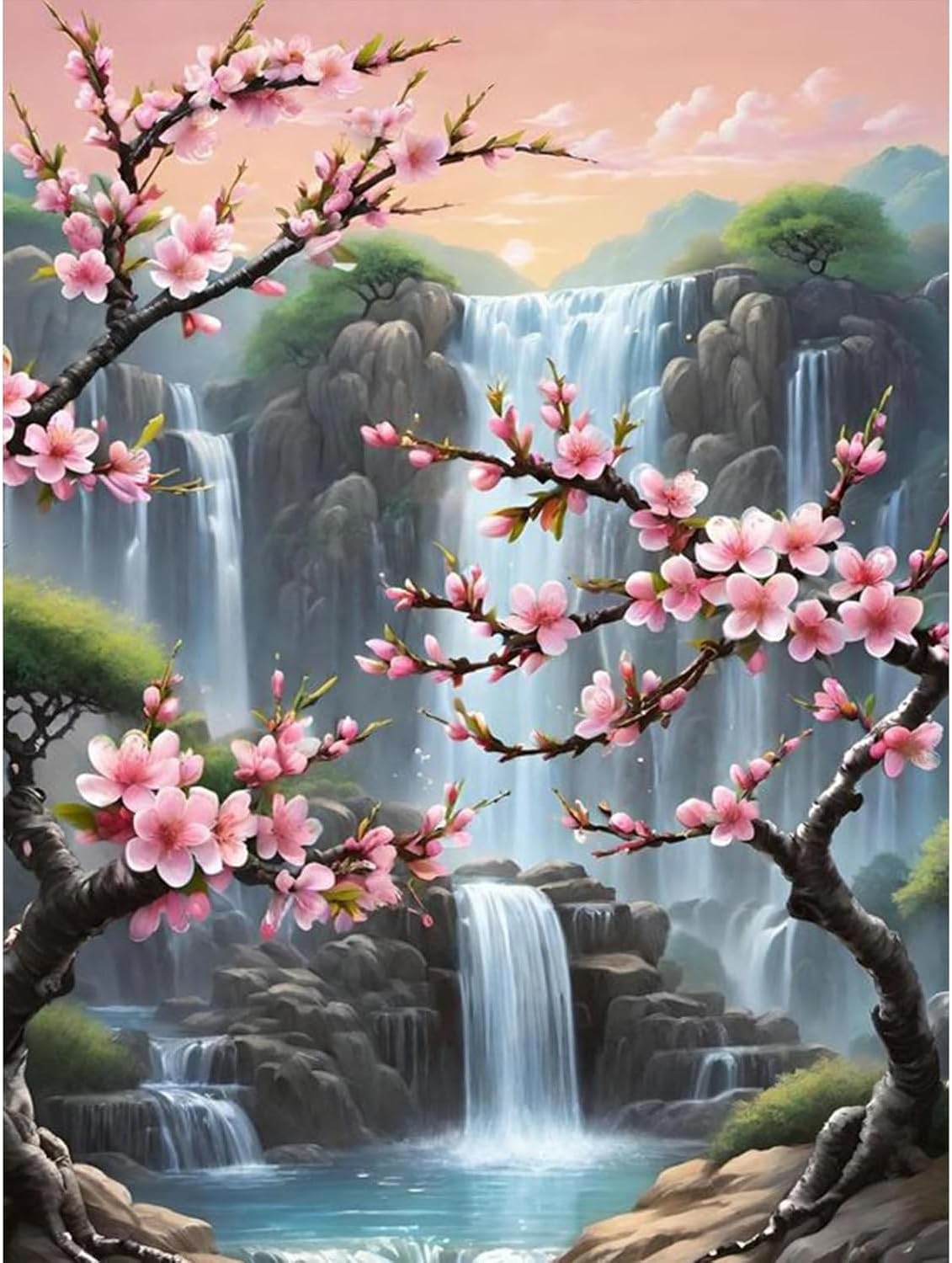 Detalle de Yaostarart Paint by Numbers for Adults: Plum Blossom on 12x16 Inch Canvas – Floral Waterfall Kit