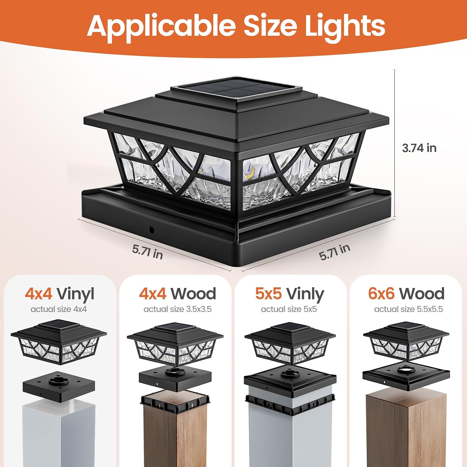 Detalle de APONUO TZ27 Solar Post Cap Lights, 12-Pack, 3000K/6000K, IP65, Black