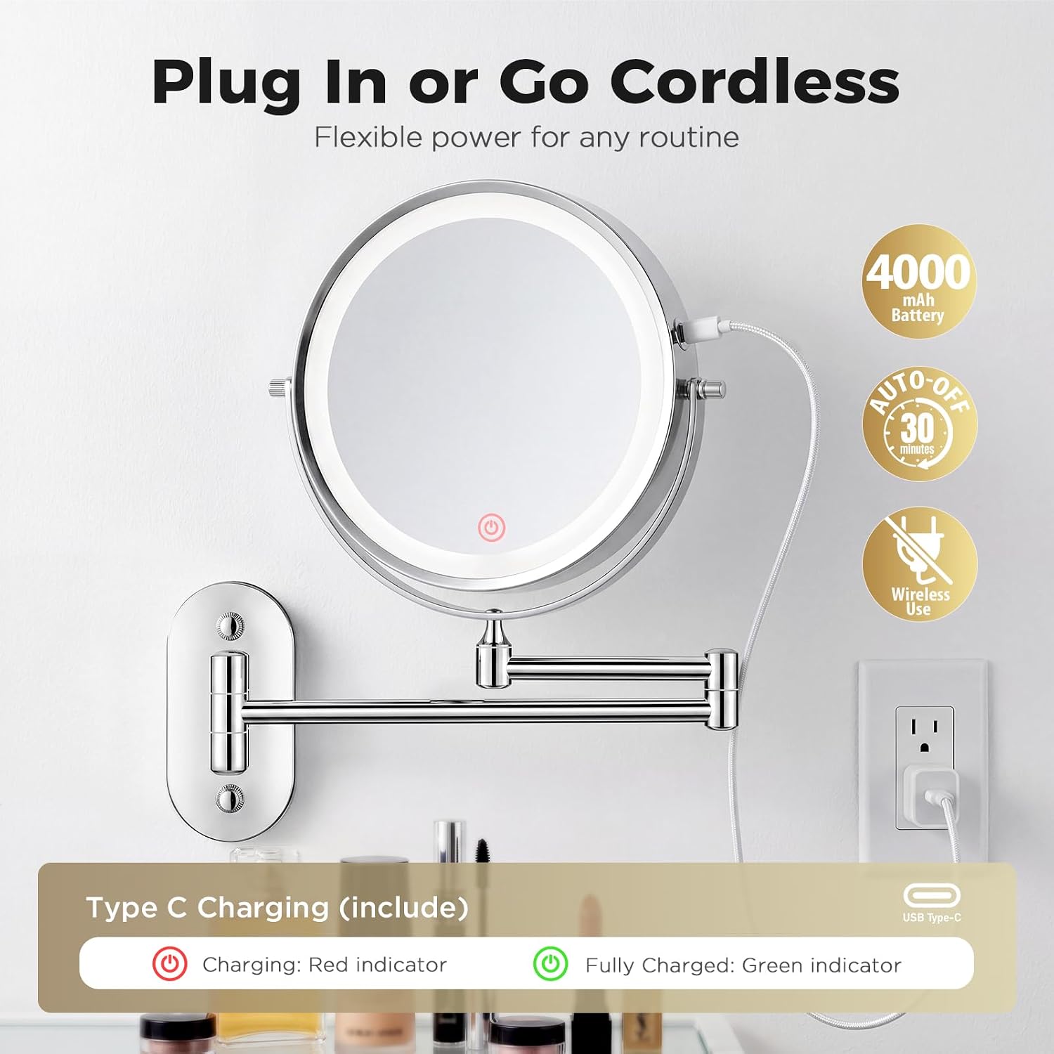 Thumbnail 3 de tubbede Wall-Mounted Makeup Mirror, 8-Inch, 1X/30X LED, Rechargeable 4000mAh