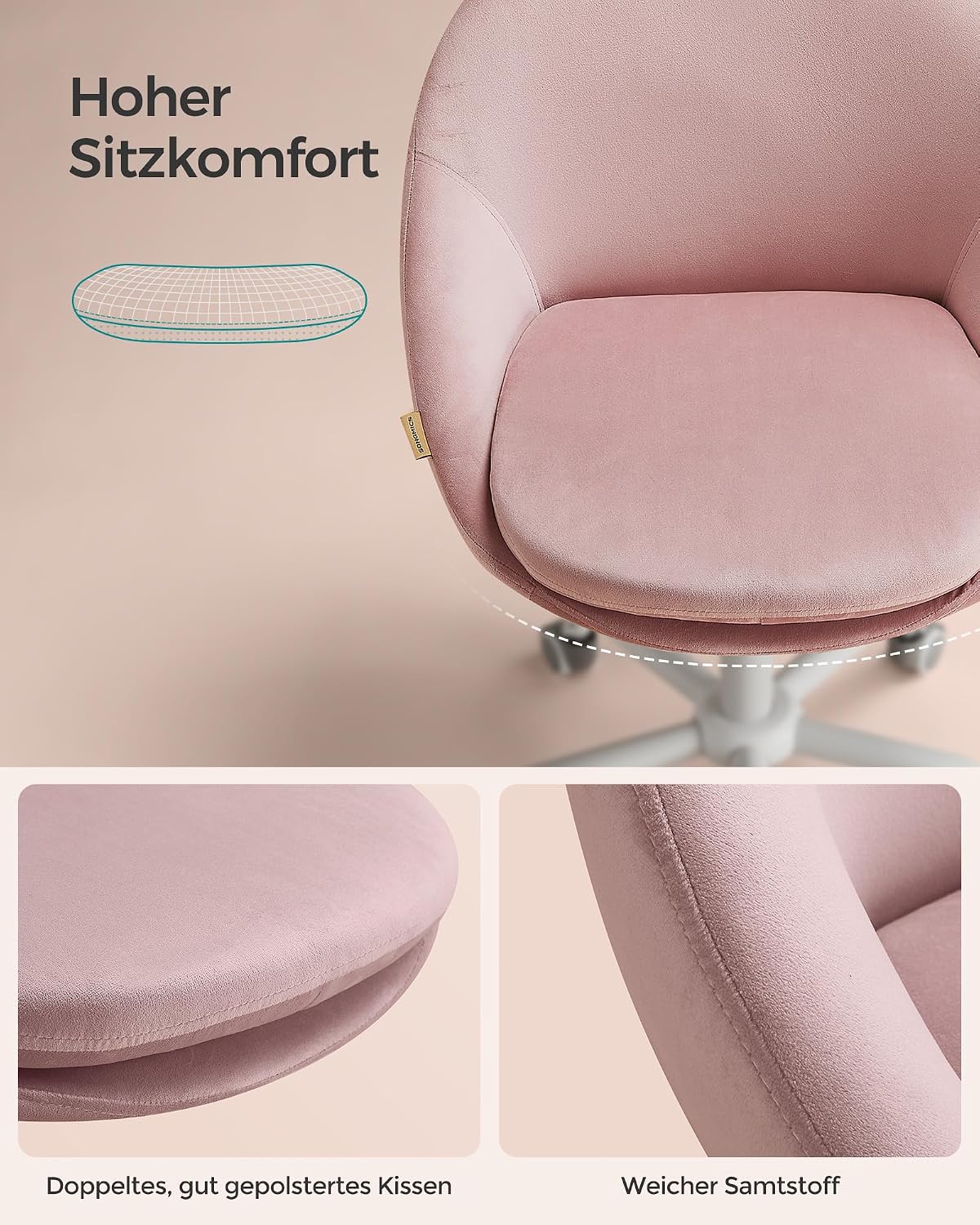 Thumbnail 5 de SONGMICS Homeoffice- & Schminkstuhl aus Samt OBG020R02, höhenverstellbar, pastellrosa