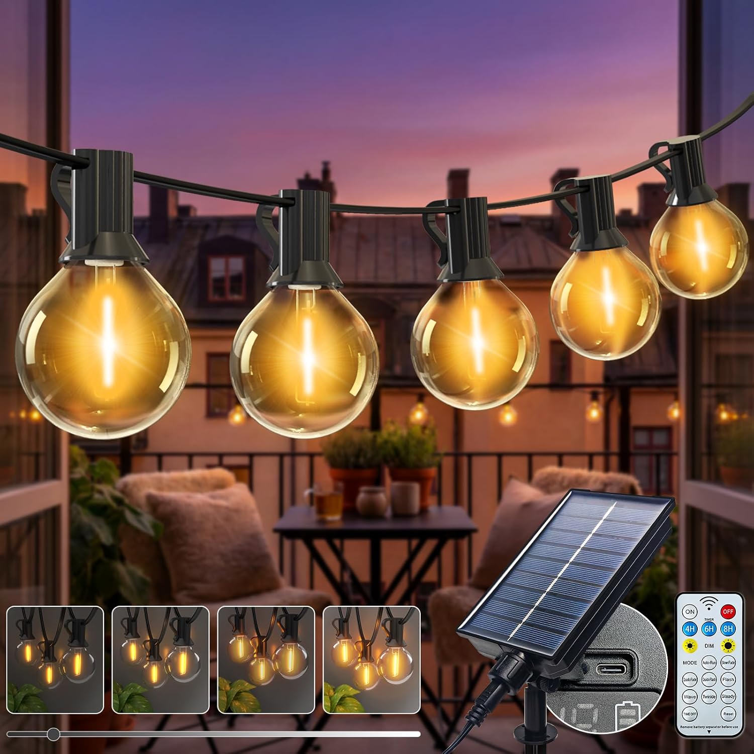 Detalle de kolpop Solar-Lichterkette für außen 15 m mit 8 Modi, dimmbar (G40) und Speicherfunktion