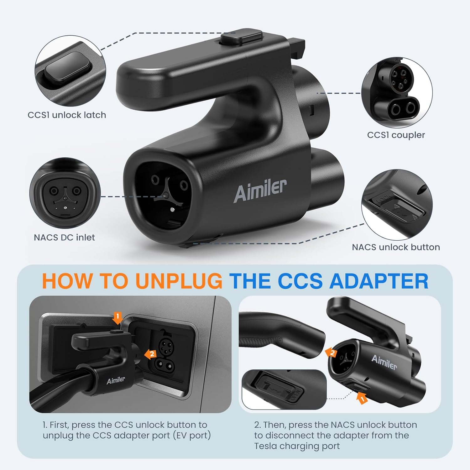 Detalle de AIMILER NACS to CCS1 Adapter: 500 Amps for CCS1 EVs at Tesla V3/V4 Superchargers