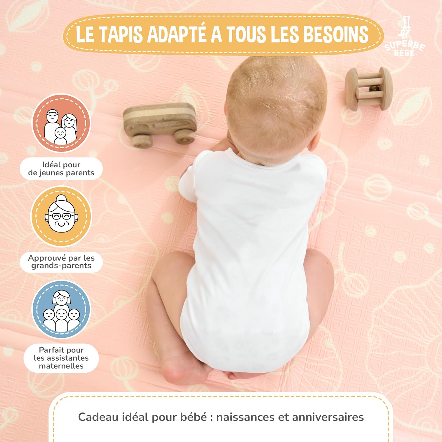 Thumbnail 3 de Tapis d'éveil pour bébé pliable épais réversible 150x180 cm – tapis de jeu Montessori XXL en mousse, antidérapant et lavable