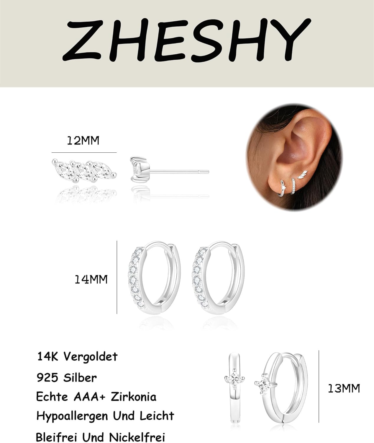 Thumbnail 4 de ZHESHY - Lot de 3 Boucles d'Oreilles Argent 925 Plaqué Or 14K pour Femme - Clous, Créoles Huggi et Pendantes