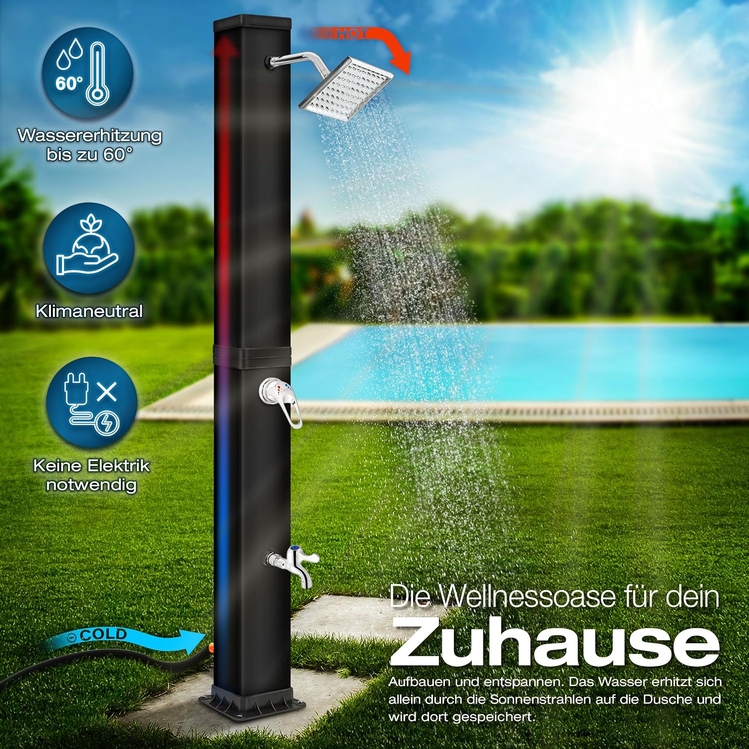 Detalle de tillvex Solardusche 40 Liter (schwarz) inkl. Schutzhaube – Solar-Duschsystem ohne Stromanschluss