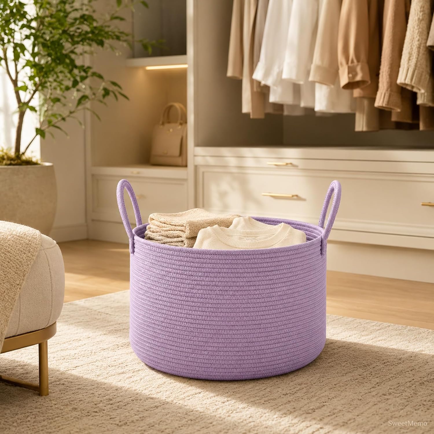 Detalle de SweetMemo 32L Woven Rope Gift Basket, Lavender Purple with Bag and Ribbon