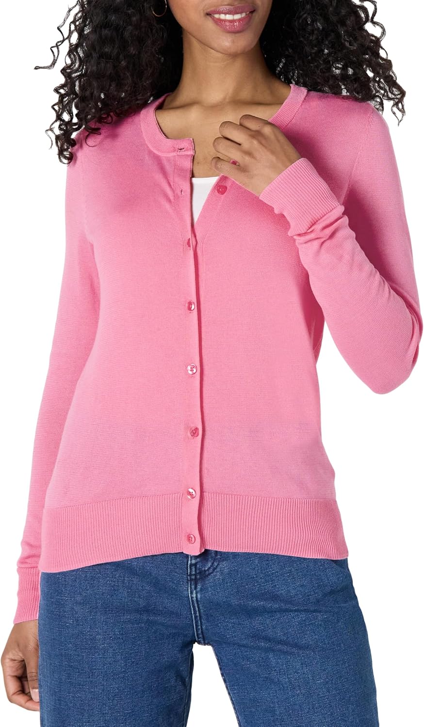 Detalle de Amazon Essentials Damen leichte Rundhals-Strickjacke mit Knopfverschluss (auch in Übergröße)