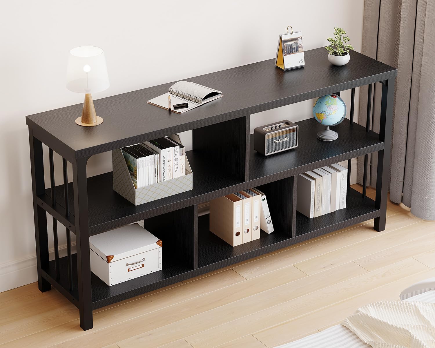 Thumbnail 2 de IBF Libreria industriale nera a 5 cubi, 139,7 cm, bassa e orizzontale in legno e metallo