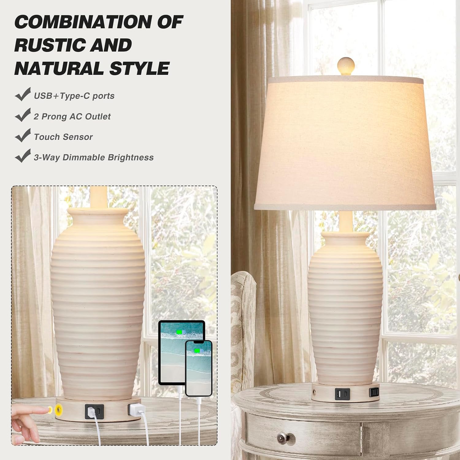 Detalle 2 de CINSARY TD-CS-225-1 25" Farmhouse Jar Table Lamps, Set of 2 with Touch Control
