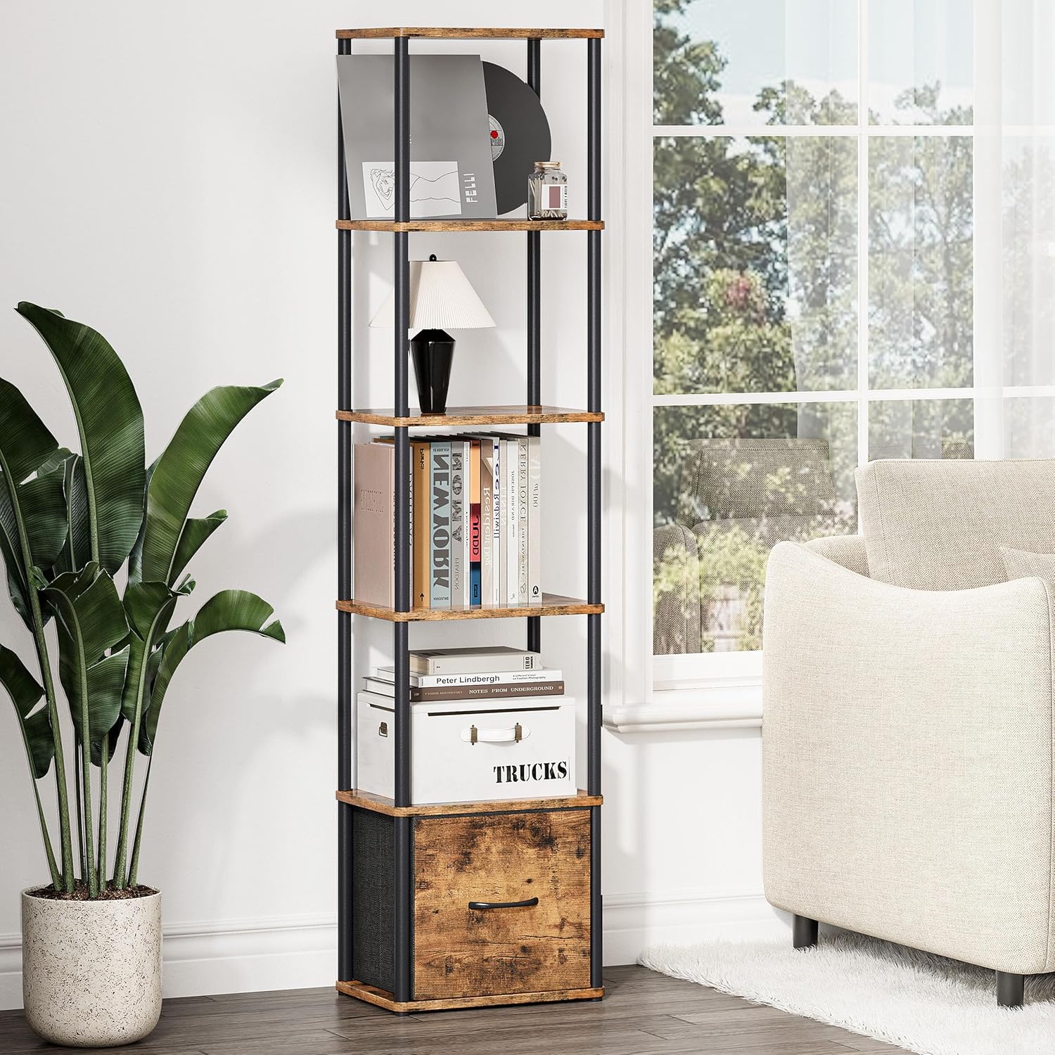 Detalle de YAUKTAK Libreria Angolare a 6 Ripiani con Cassetto – Marrone Rustico (HBC505R)