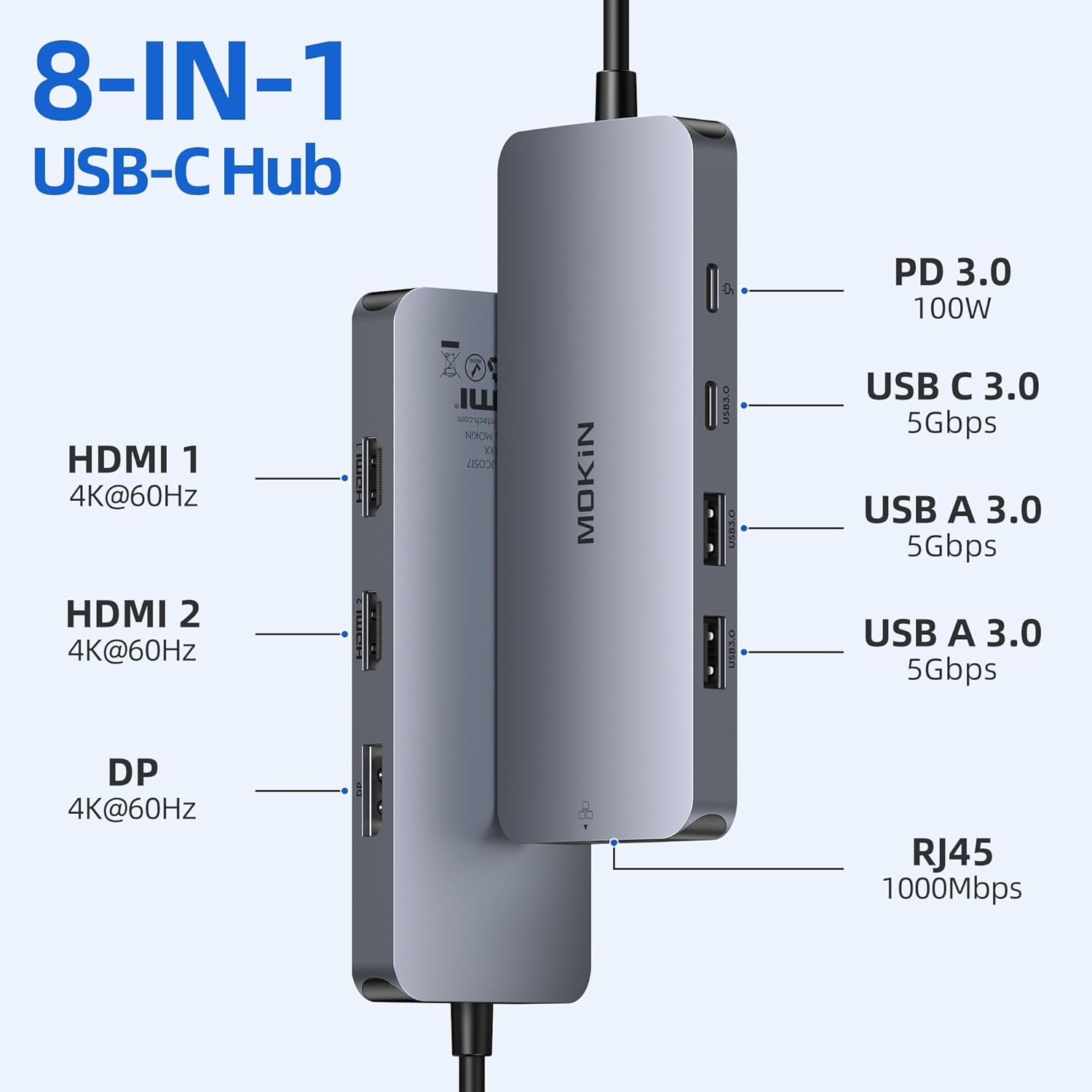 Thumbnail 1 de MOKiN USB-C Docking Station for 3 Monitors with 2x HDMI, 1x DisplayPort, 1Gbps Ethernet and 100W PD